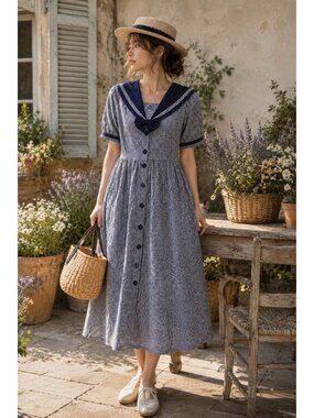 Vintage Cottontail Originals Women Sailor Dress Size 6 Navy Gingham Linen Cotton